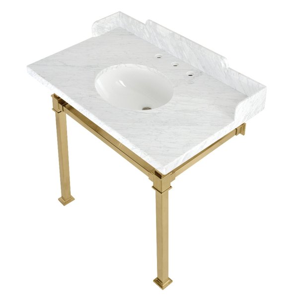 Kingston Brass 36 Carrara Marble Console Sink with Stainless Steel Legs, Marble WhiteBrushed Brass LMS36MOQ7